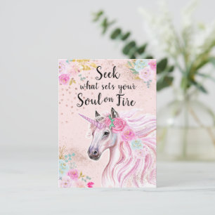 Carte Postale Licorne Inspirante Paillettes Rose Or Citation