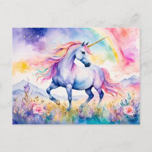 Carte Postale Licorne marchant sous un arc-en-ciel scintillant