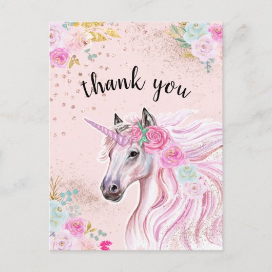 Carte Postale Licorne Merci Rose Sarcelle Floral Paillettes Doré (Devant)