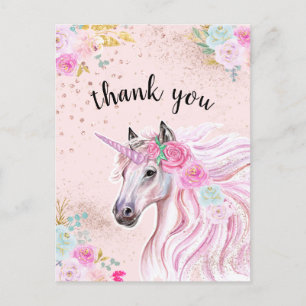 Carte Postale Licorne Merci Rose Turquoise Floral Paillettes Dor