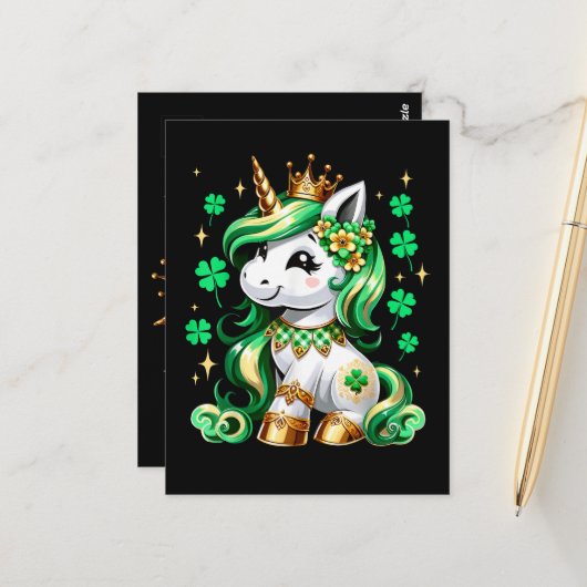 Carte Postale Licorne mignonne Trèfle Saint-Patrick (Devant/Arrière en situation)