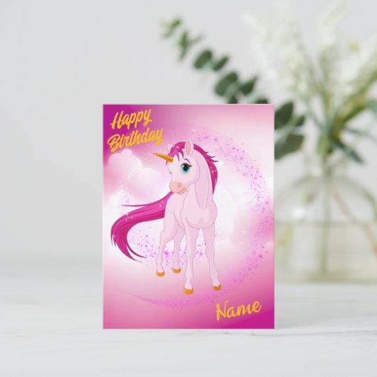 Carte postale licorne rose - Cadeau d'anniversaire (Debout devant)