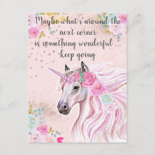 Carte Postale Licorne Rose Sarcelle Floral Paillettes Or Citatio