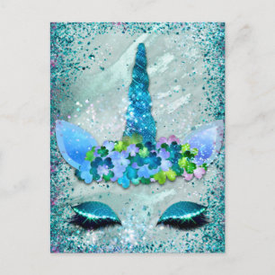 Carte postale licorne scintillante sarcelle et aqu