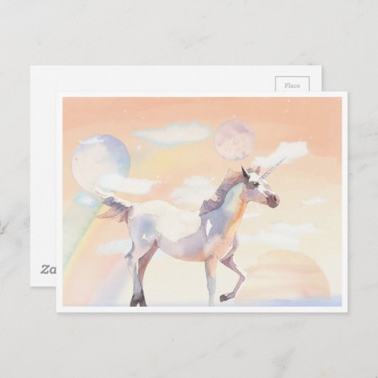 Carte postale Licorne se promenant dans les nuages (Devant / Derrière)