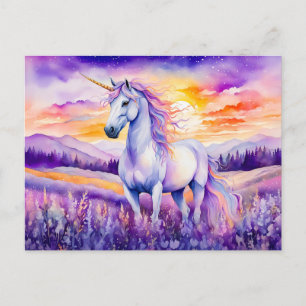 Carte Postale Licorne sous le ciel arc-en-ciel d'un coucher de s