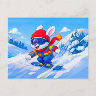 Carte Postale Lièvre des neiges faisant du snowboard sur une mon