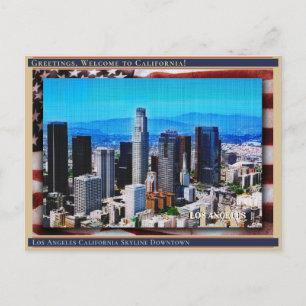 Carte Postale Ligne d'horizon de Los Angeles Californie + Drapea