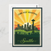 Carte Postale Ligne d'horizon Retro Seattle avec aiguille spatia (Devant / Derrière)