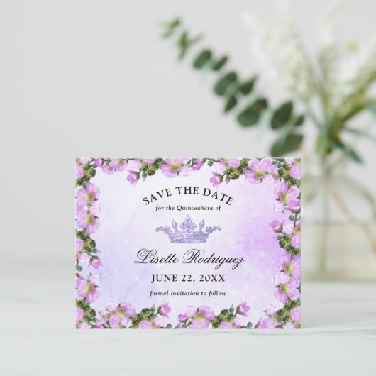 Carte Postale Lilac Violet Floral Quinceanera Enregistrer La Dat (Debout devant)