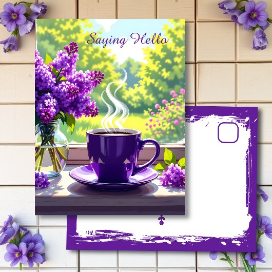 Carte Postale Lilacs et café violets | Je dis bonjour