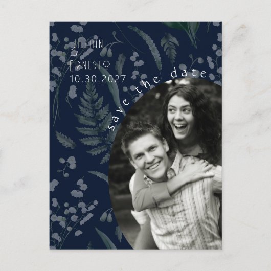 Carte Postale Lily de Vallée avec des fougères || Bleu profond (Devant)