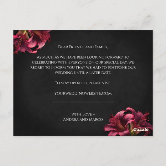 Carte Postale Lily Gothic Mariage Report Annulation (Dos)