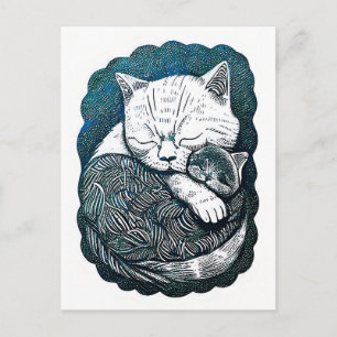 Carte Postale Linocut Blanc et Noir Chat couchent ensemble