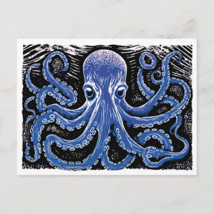 Carte Postale Linocut Blue Kraken dans l'océan