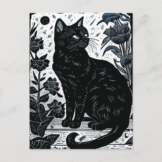 Carte Postale Linocut d'un chat noir parmi les fleurs (Devant)