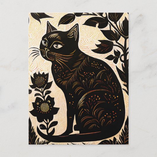 Carte Postale Linocut d'un chat noir parmi les fleurs (Devant)