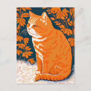 Carte Postale Linocut d'un chat rouge parmi les graminées