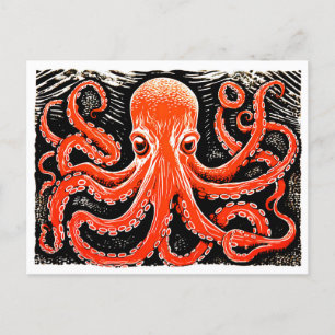 Carte Postale Linocut d'une pieuvre rouge sur un bg noir et blan