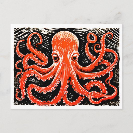 Carte Postale Linocut d'une pieuvre rouge sur un bg noir et blan (Devant)