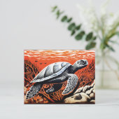 Carte Postale Linocut d'une tortue nageant à travers la barrière (Debout devant)