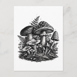 Carte Postale Linogravure de champignons forestiers vintage