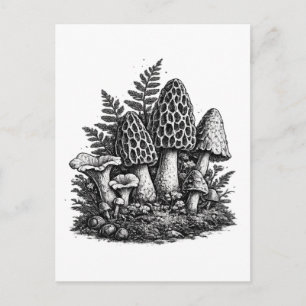 Carte Postale Linogravure de champignons forestiers vintage