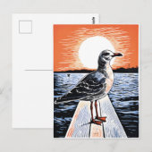 Carte Postale Linogravure de goéland sur une jetée au coucher du (Devant / Derrière)