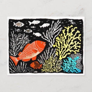Carte Postale Linogravure de Poisson Rouge Nageant dans un Récif