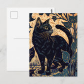 Carte Postale Linogravure d'un chat noir parmi des plantes avec  (Devant / Derrière)