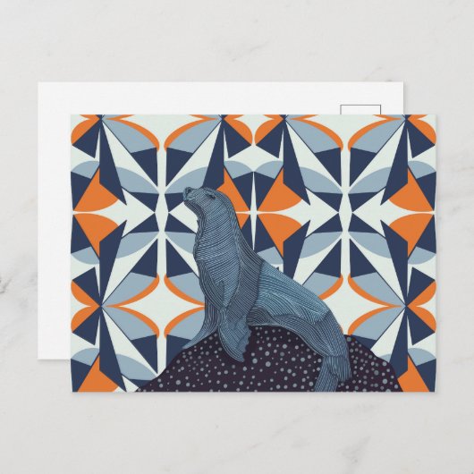 Carte Postale Lion de mer géométrique rétro-vibrant sur rocher (Devant / Derrière)