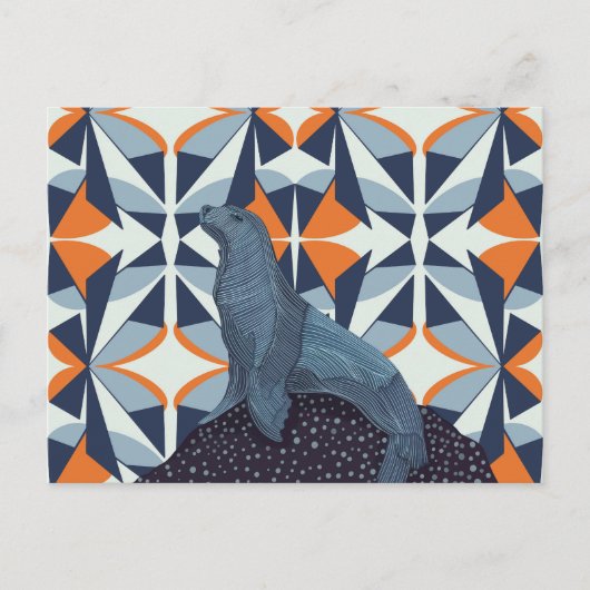 Carte Postale Lion de mer géométrique rétro-vibrant sur rocher (Devant)