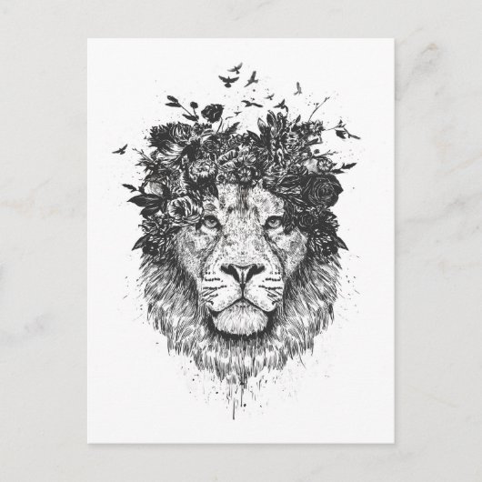 Carte Postale Lion floral (noir et blanc) (Devant)
