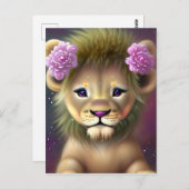 Carte Postale Lion mignon bébé avec fleurs roses Graphique (Devant / Derrière)