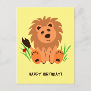 Carte Postale Lion mignon dans l'herbe avec coccinelle