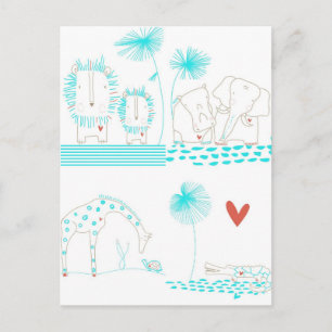 Carte Postale Lion minimaliste, tortue, crocodile et girafe