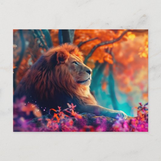 Carte Postale Lion royal dans la conception forestière enchantée (Devant)