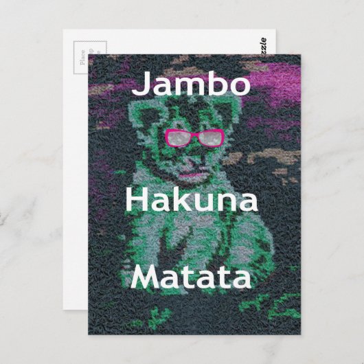 Carte Postale Lion Vert avec des Lunettes Roses "Hakuna Matata" (Devant / Derrière)