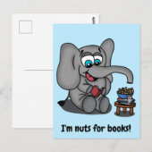 Carte Postale Lire Elephant : Je suis Nuts pour les livres (Devant / Derrière)