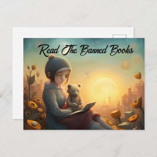 Carte Postale Lire les livres interdits Lecture fille et ours (Devant / Derrière)