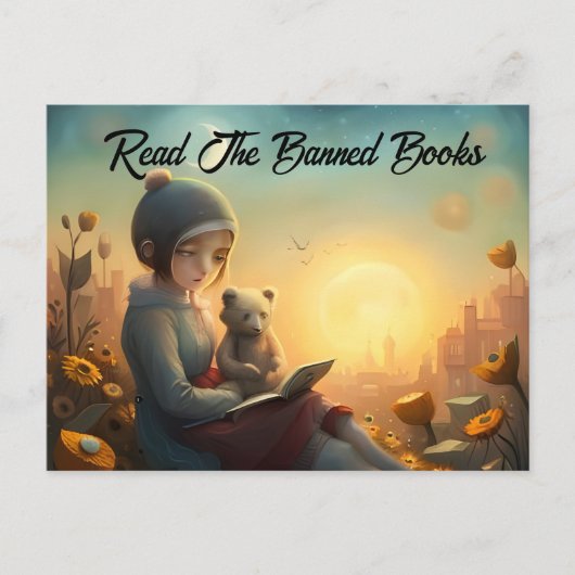 Carte Postale Lire les livres interdits Lecture fille et ours (Devant)