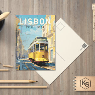 Carte Postale Lisbonne Portugal Tram Jaune Art de Voyage Vintage