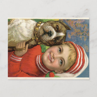 Carte Postale Lithographie Vintage colorée de Young Boy and Dog