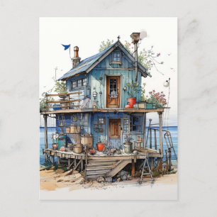 Carte Postale Little Blue Seaside Shopping Art