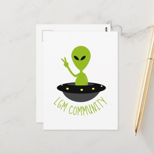 Carte Postale Little Green Men, LGM Community Extraterrestrial (Devant/Arrière en situation)