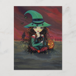 Carte postale Little Witch et Black Cat Halloween