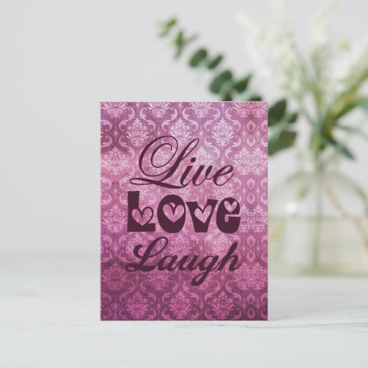 Carte Postale Live Love Laugh Pink Damask Pattern (Debout devant)