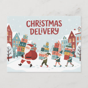 Carte Postale "Livraison de Noël" Père Noël et lutins avec cadea