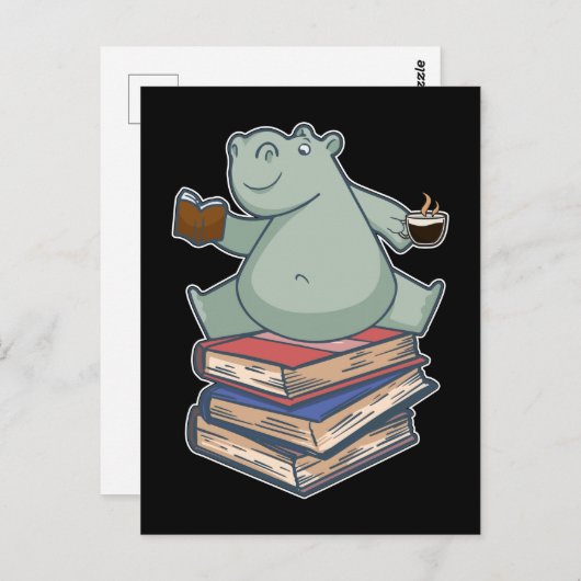 Carte Postale Livre Lecture Thé Café Kawaii Bookworm Hippo (Devant / Derrière)
