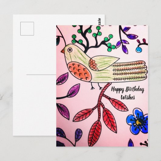 CARTE POSTALE LIVRE OISEAU ROSE ORANGE BLEU | Co (Devant / Derrière)
